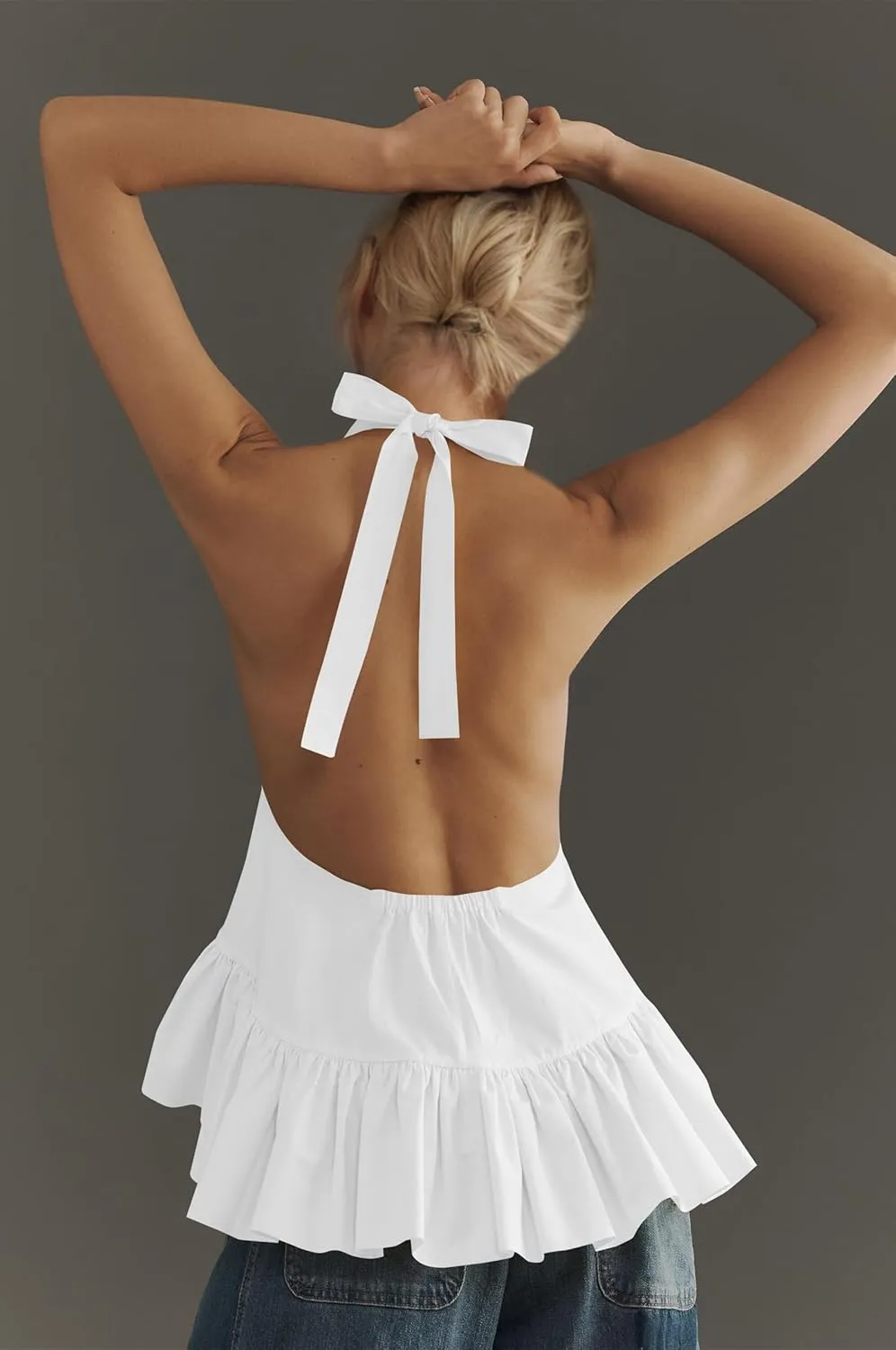 OLAPTA Women Halter Neck Backless Tank Tops Peplum Ruffle Hem Sleeveless Sexy Summer Open Back Vacation Flowy Going Out Shirt