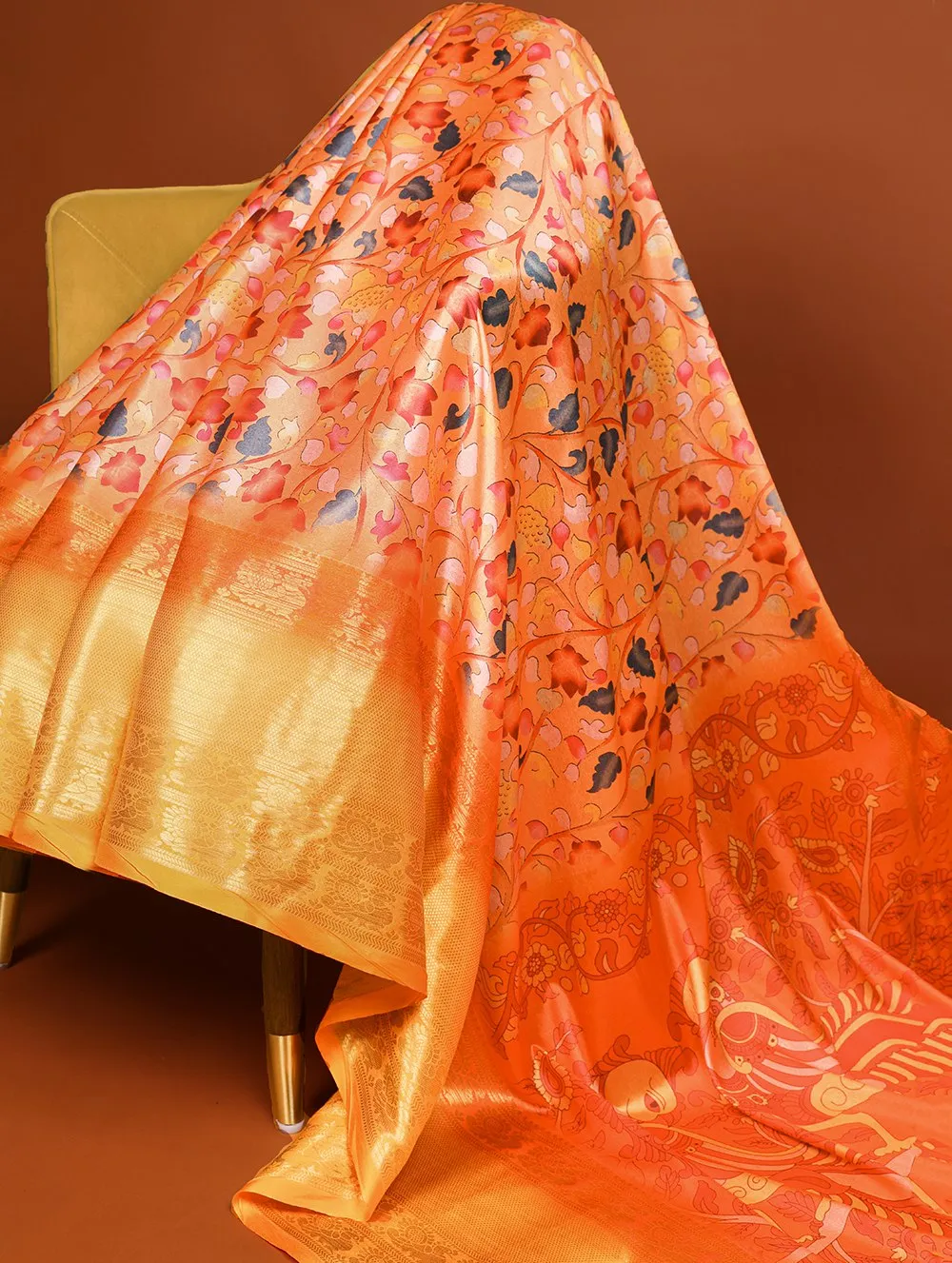 Orange Printed Dola Silk Saree Set for Weddings & Special Occasions