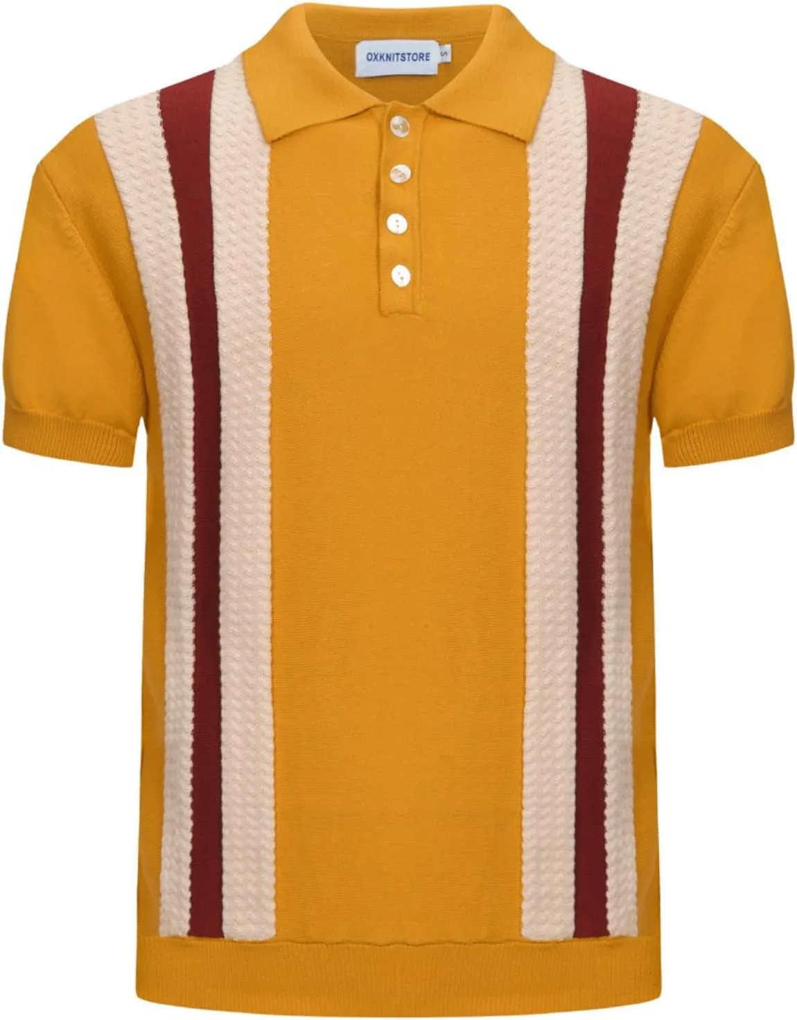 OXKNIT Mens Men's Vintage Knit Polo Short Sleeve Stripe White Jacquard Textured Golf Polo T Shirts