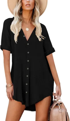Paintcolors Women's Cotton Button Down Shirt Short Sleeve Dresses Tunics Oversized Beach Cover up Blouse Tops with Pockets
