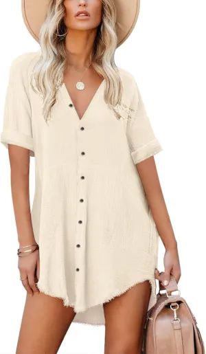 Paintcolors Women's Cotton Button Down Shirt Short Sleeve Dresses Tunics Oversized Beach Cover up Blouse Tops with Pockets