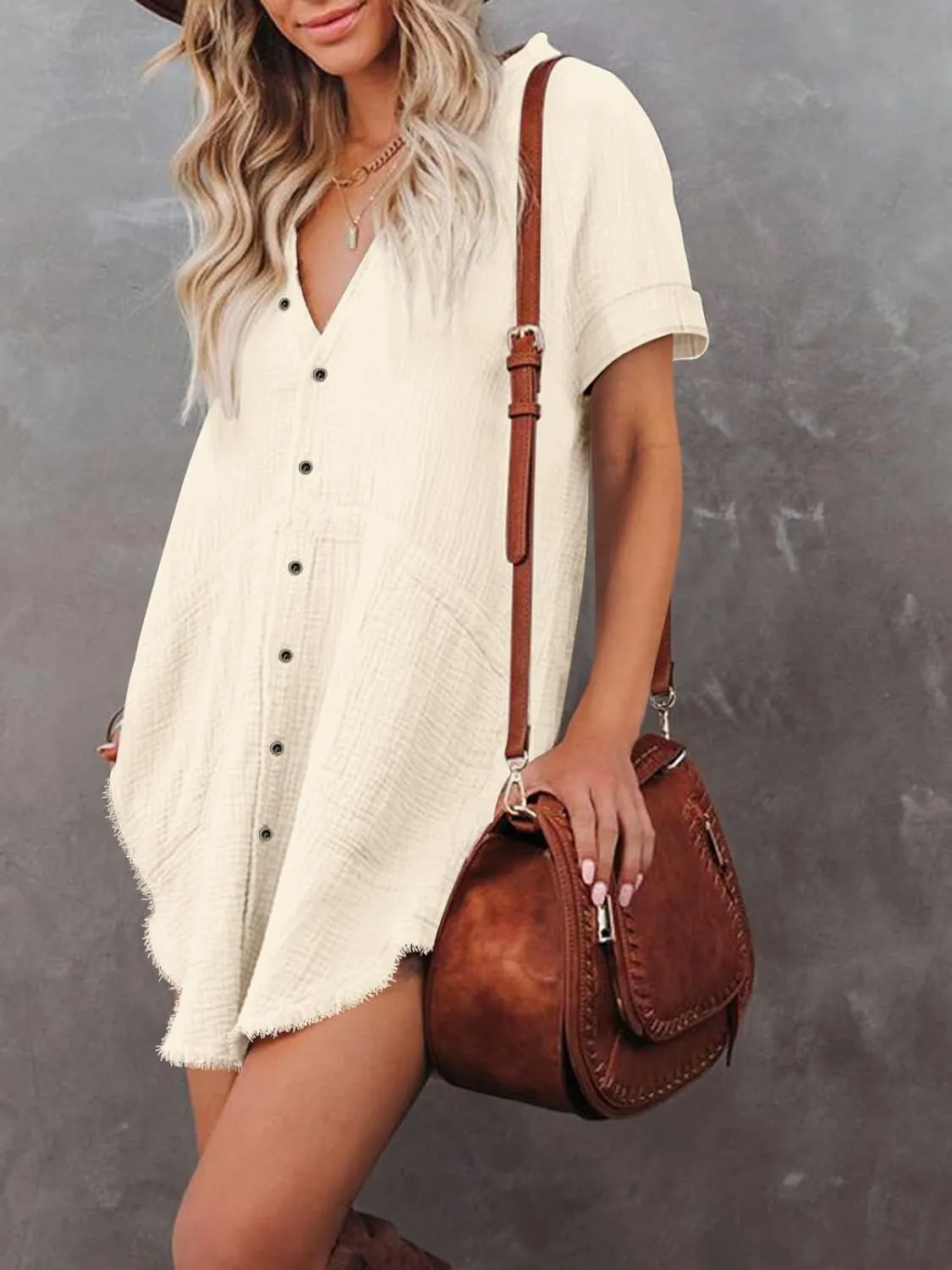 Paintcolors Women's Cotton Button Down Shirt Short Sleeve Dresses Tunics Oversized Beach Cover up Blouse Tops with Pockets