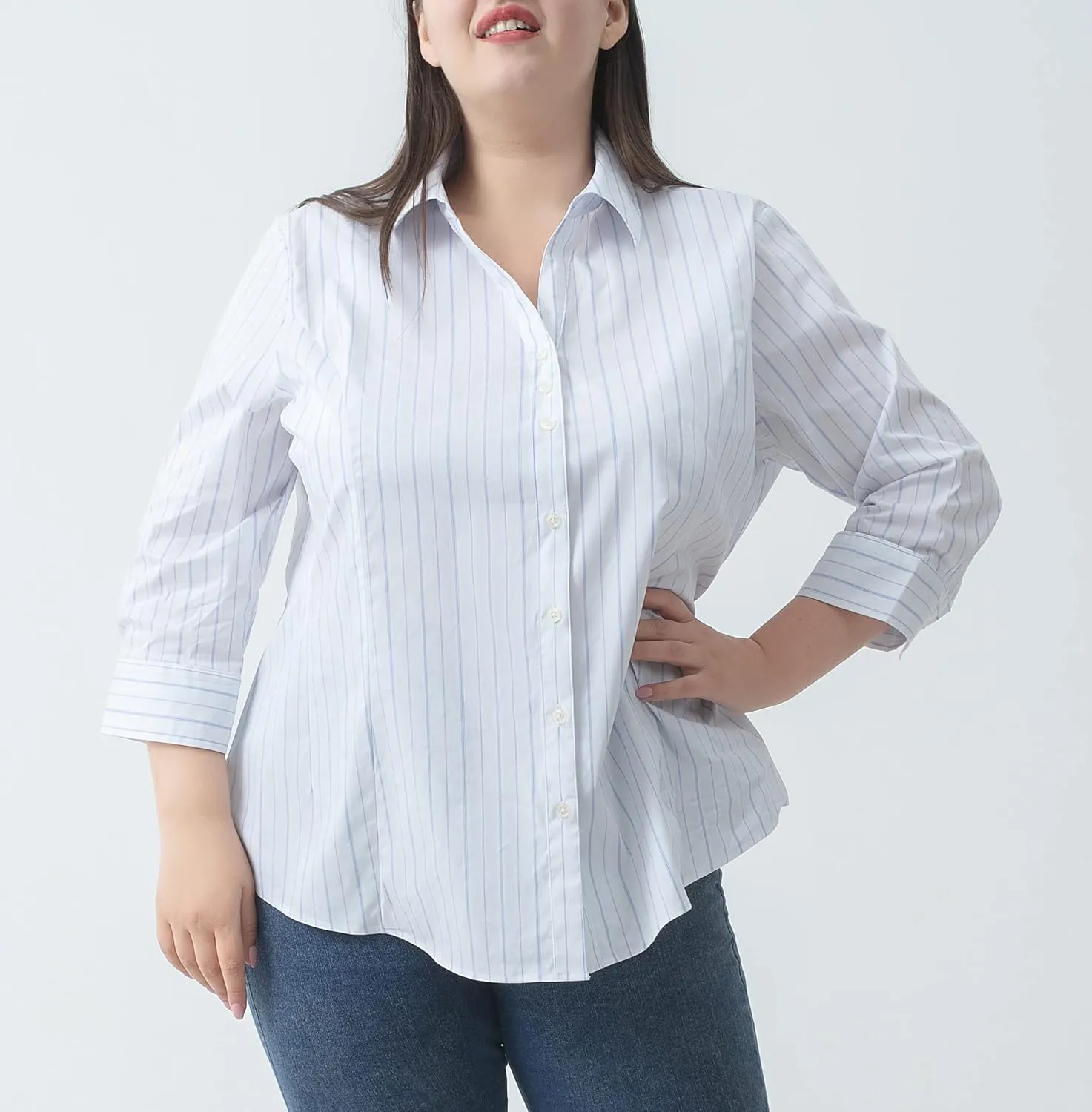 Plus Size 3/4 Sleeve Shirts for Women Button Down Shirts V Neck Women Blouses Tops Business Casual Stretch Shirts