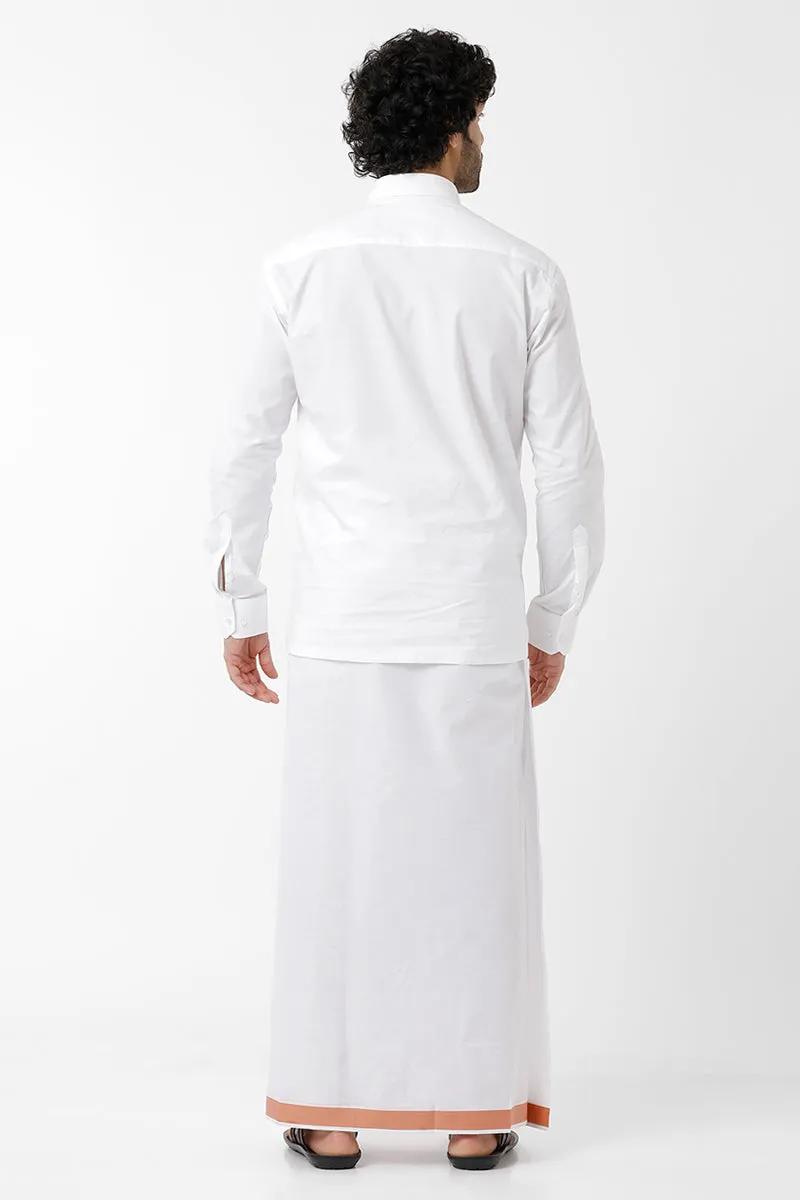Premium -  White Shirt And Tallent Fancy Small Border Single Dhoti Set For Men | Uathayam