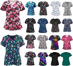 SGASY Print Scrubs for Women V Neck Short Sleeve Veterinary Scrubs Anti-Wrinkle Nursing Working Uniforms with Pocket
