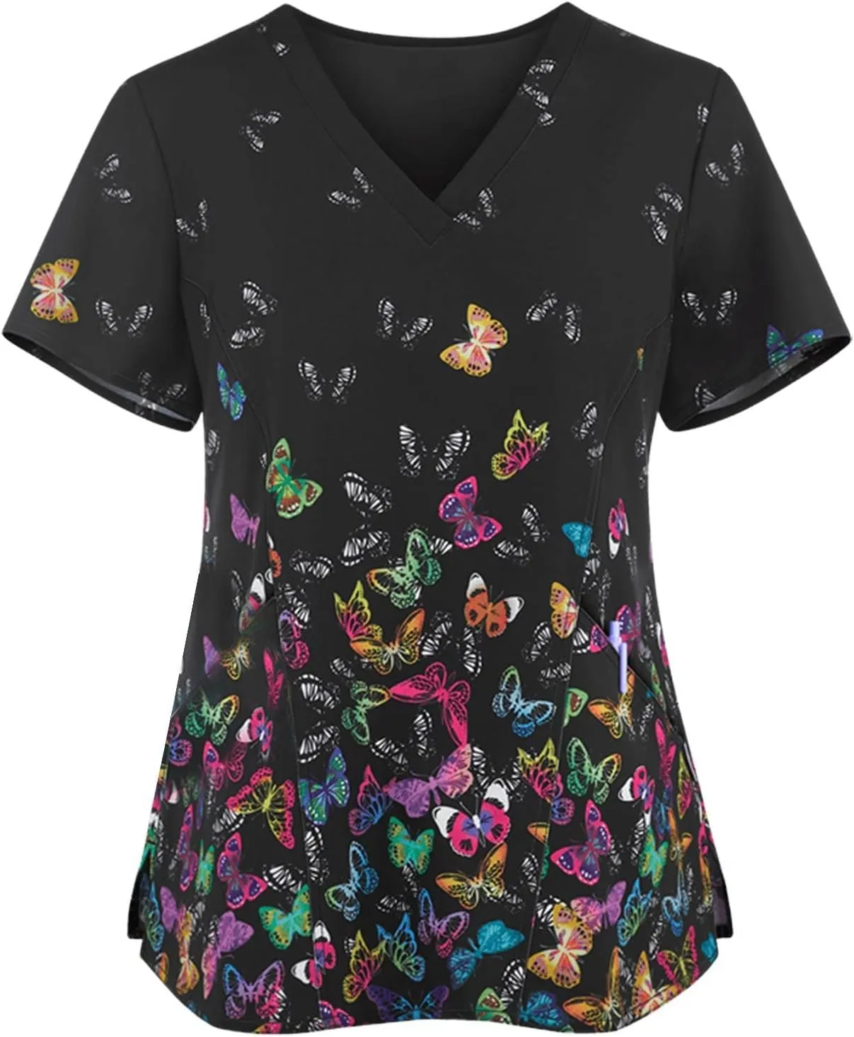 SGASY Print Scrubs for Women V Neck Short Sleeve Veterinary Scrubs Anti-Wrinkle Nursing Working Uniforms with Pocket