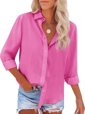siliteelon Button Down Shirts for Women Dress Shirts Long Sleeve Wrinkle-Free Blouse Casual Solid Office Work Tunic Top - All Hot Pink 3XL