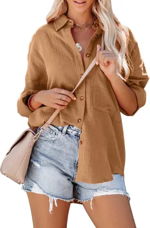 siliteelon Womens Button Down Shirts Cotton Long Sleeve Oversized Boyfriend Blouses Collared Dress Tops with Pockets - 7_Camel01 L