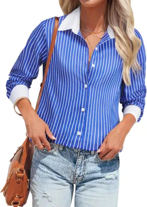 siliteelon Womens Cotton Button Down Shirts Striped Dress Shirts Pinstripes Long Sleeve Collared Blouses Colorblock Tops