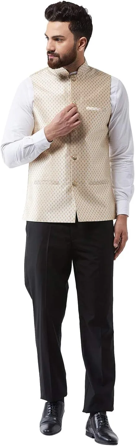 Sojanya (Since 1958, Men's Silk Blend Magenta & Gold Self Design Nehru Jacket