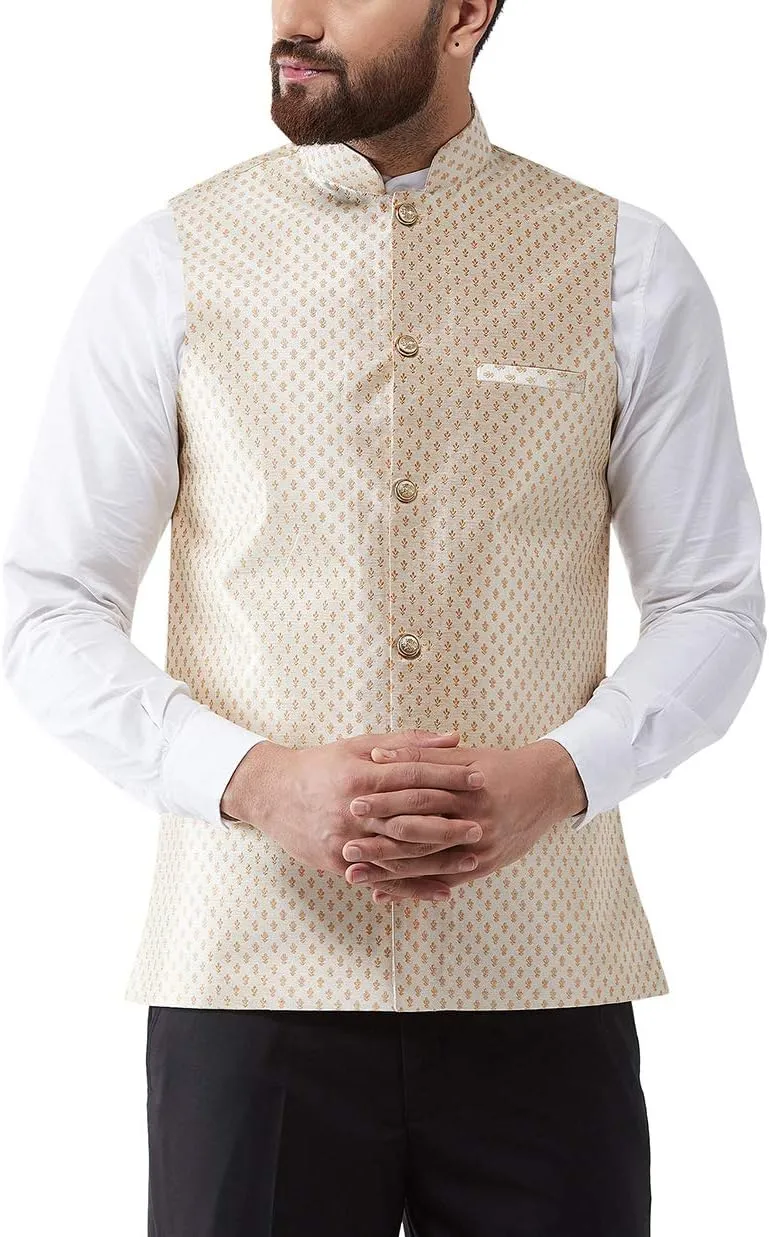 Sojanya (Since 1958, Men's Silk Blend Magenta & Gold Self Design Nehru Jacket