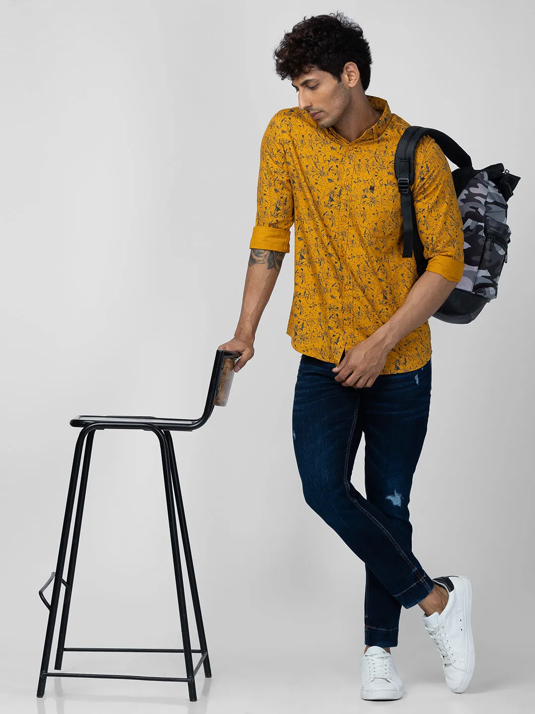Spykar Men Mustard Yellow Cotton Slim Fit Printed Shirt