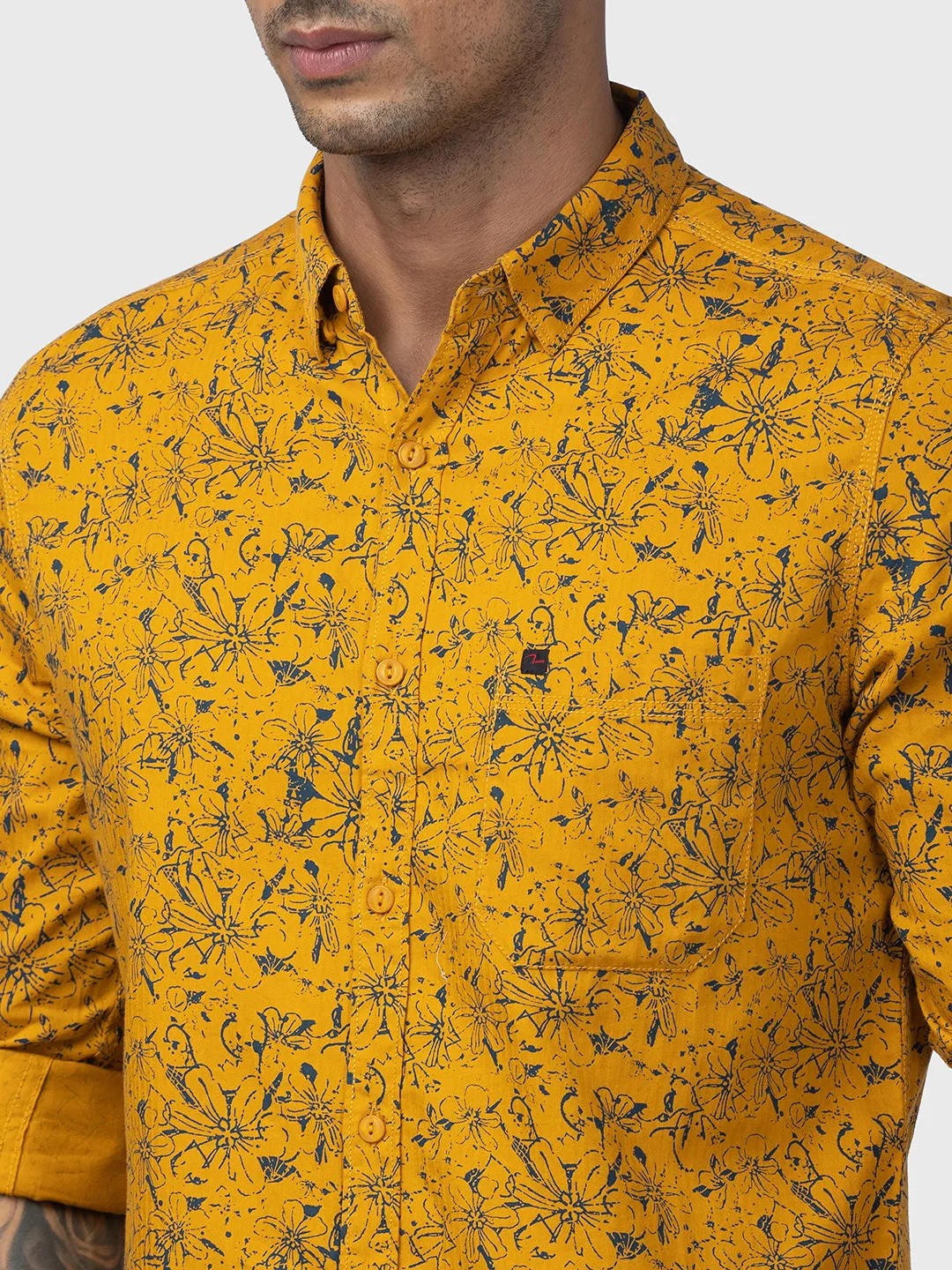 Spykar Men Mustard Yellow Cotton Slim Fit Printed Shirt