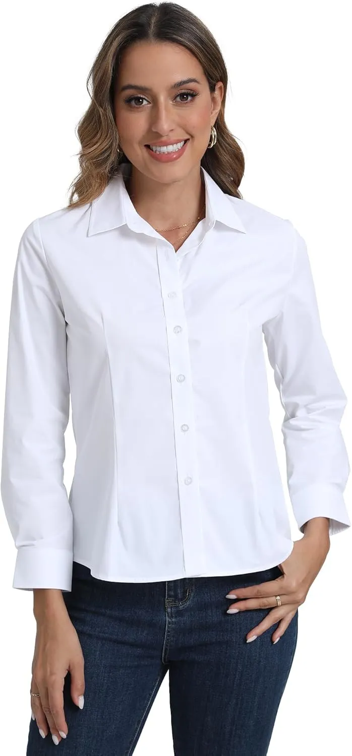 SUNNOW Women's Simple Basic Shirt Long Sleeve Button Down Shirts Non Iron Wrinkle Free Slim Fit Top White Work Blouse