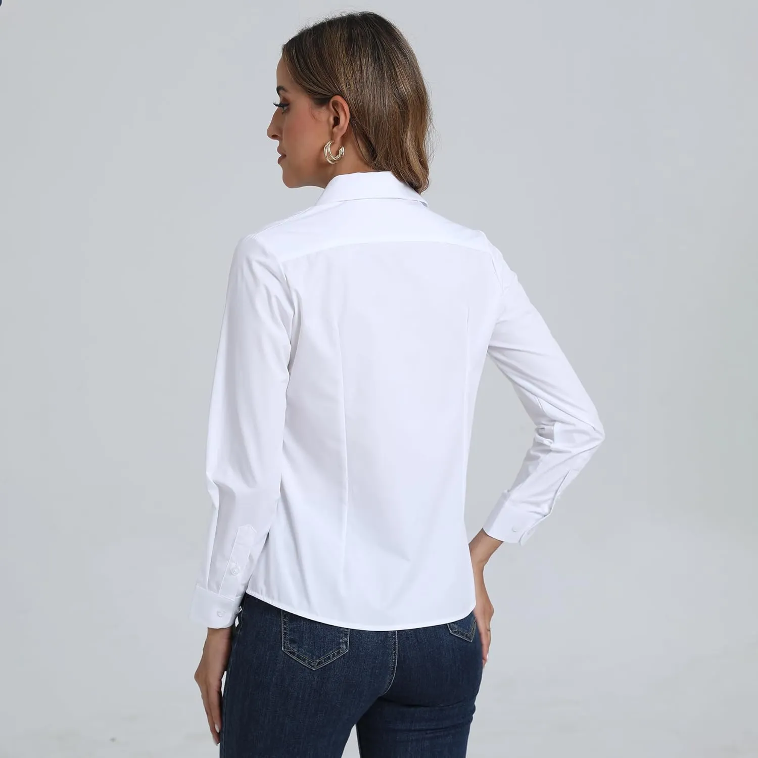 SUNNOW Women's Simple Basic Shirt Long Sleeve Button Down Shirts Non Iron Wrinkle Free Slim Fit Top White Work Blouse