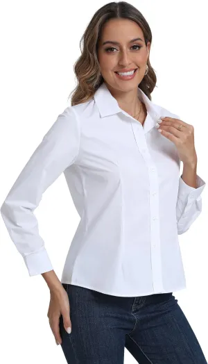 SUNNOW Women's Simple Basic Shirt Long Sleeve Button Down Shirts Non Iron Wrinkle Free Slim Fit Top White Work Blouse