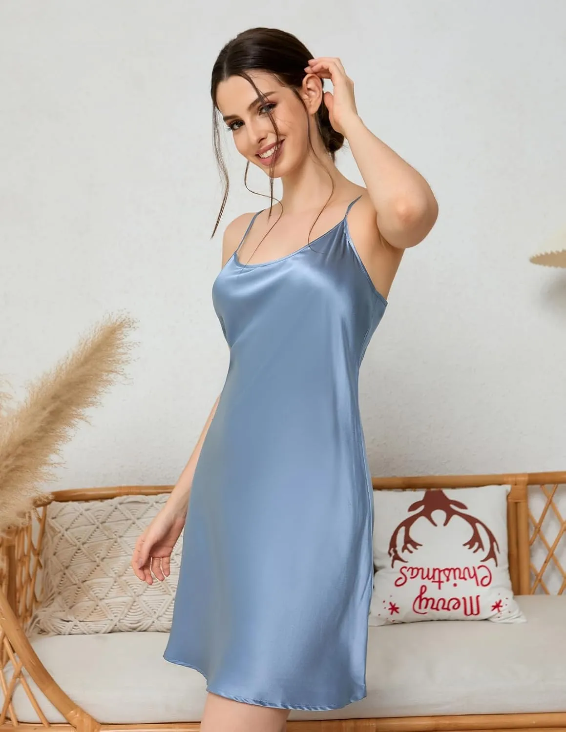 THXSILK Women's Silk Nightgown, 100% Real 19 Momme Mulberry Silk Sleepwear Round Neck Spaghetti Strap Chemise Nightdress
