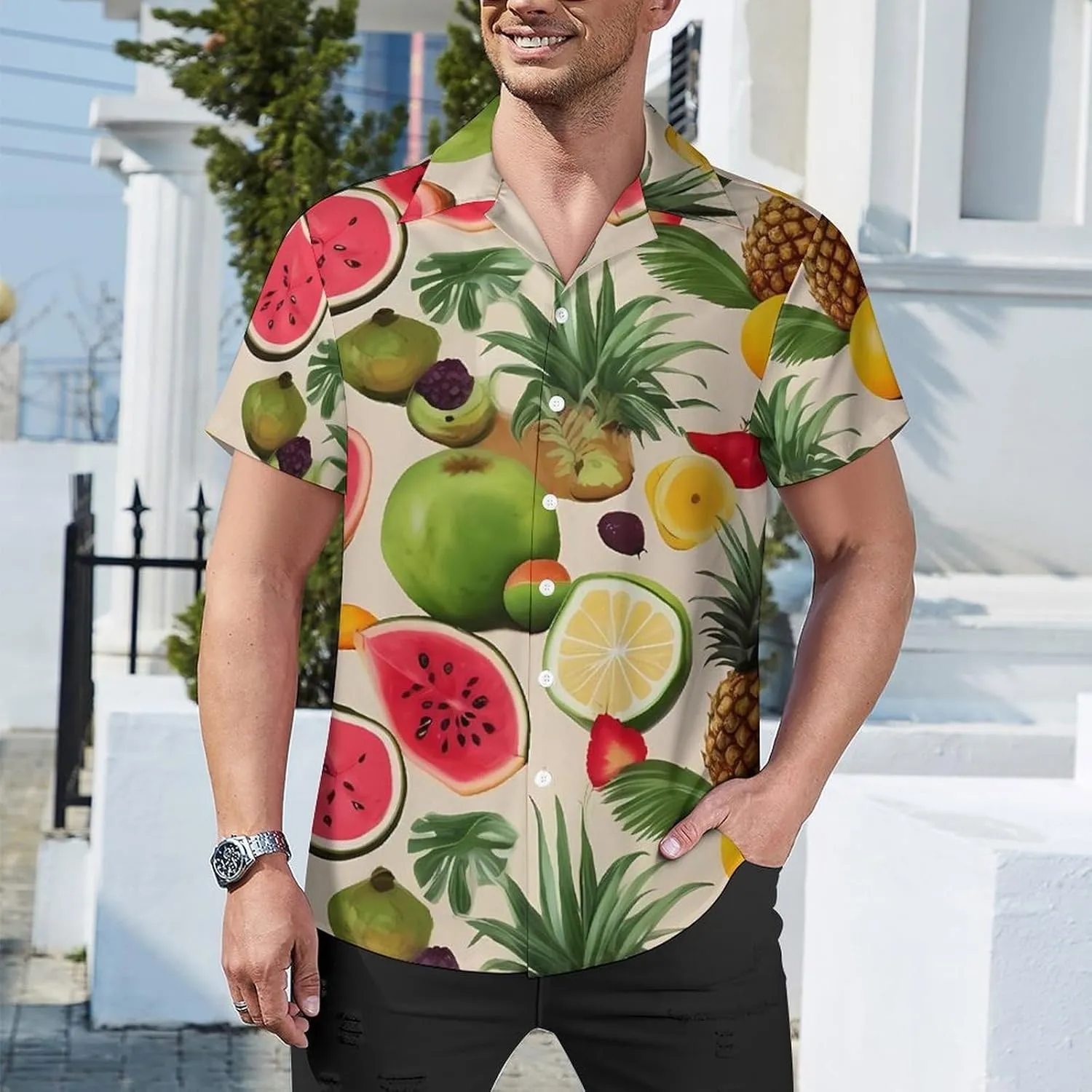 Tropical Fruits Print Cuban Collar Shirt Classic Design for Comfort and Style