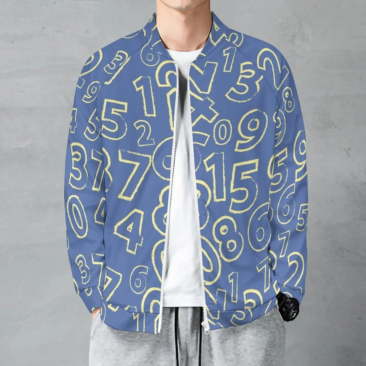VOSERY Jackets for Men - Blue Math Number Lightweight Casual Zip Up Bomber Jacket Men Spring Fall Windbreaker