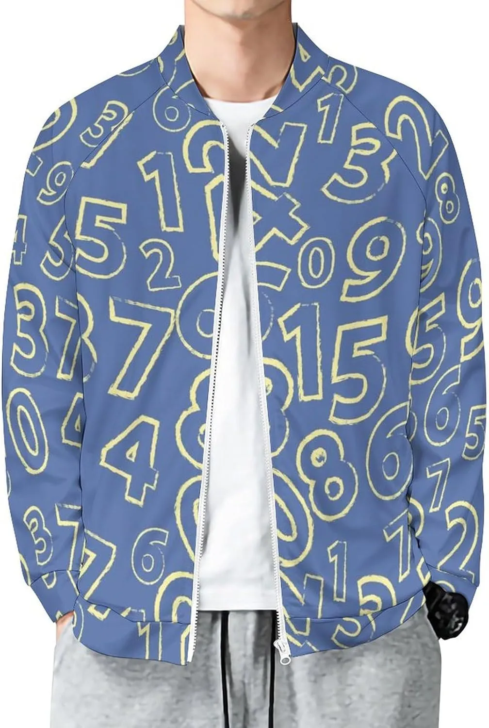 VOSERY Jackets for Men - Blue Math Number Lightweight Casual Zip Up Bomber Jacket Men Spring Fall Windbreaker