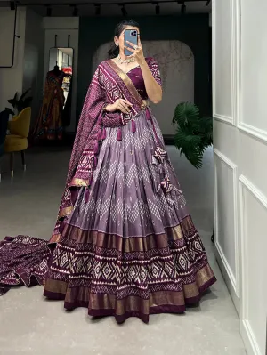 Wine Color Dot And Ikkat Print With Foil Work Tussar Silk Lehenga Choli
