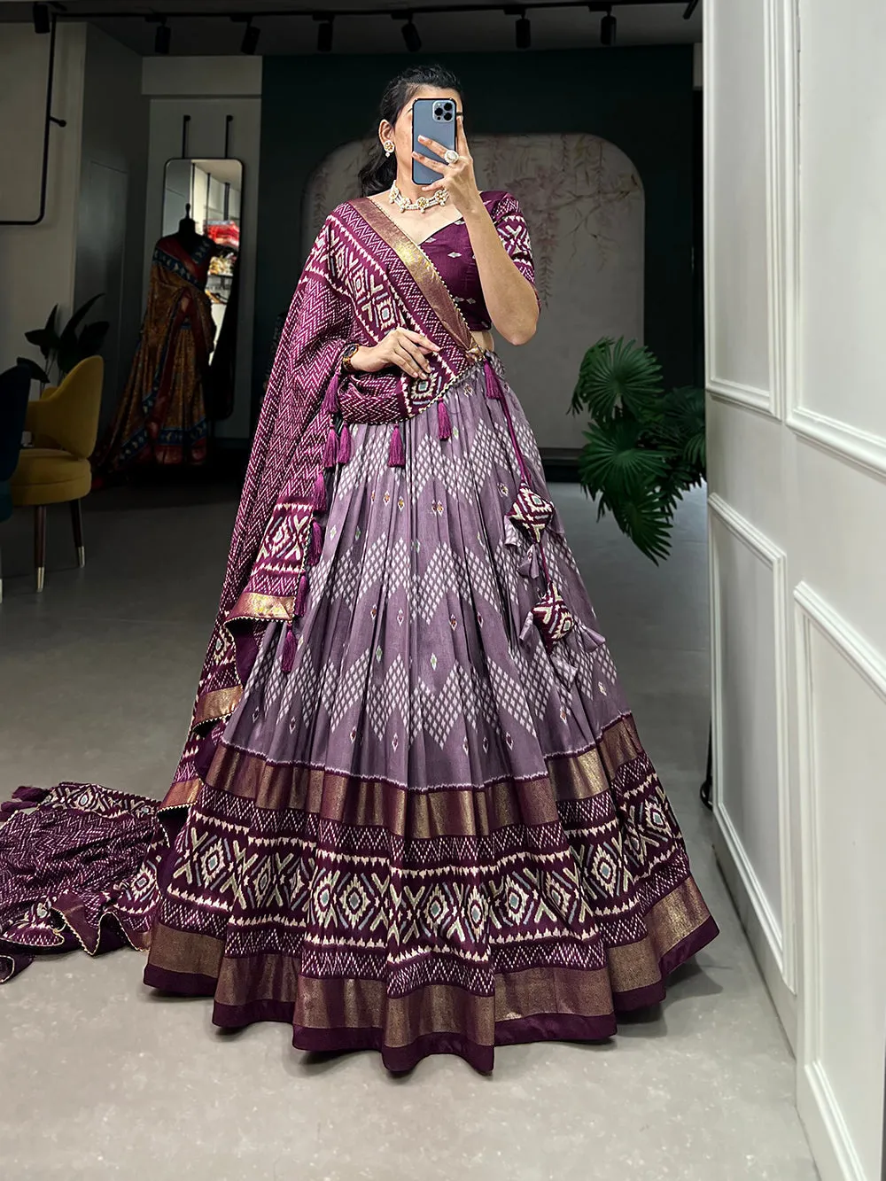 Wine Color Dot And Ikkat Print With Foil Work Tussar Silk Lehenga Choli