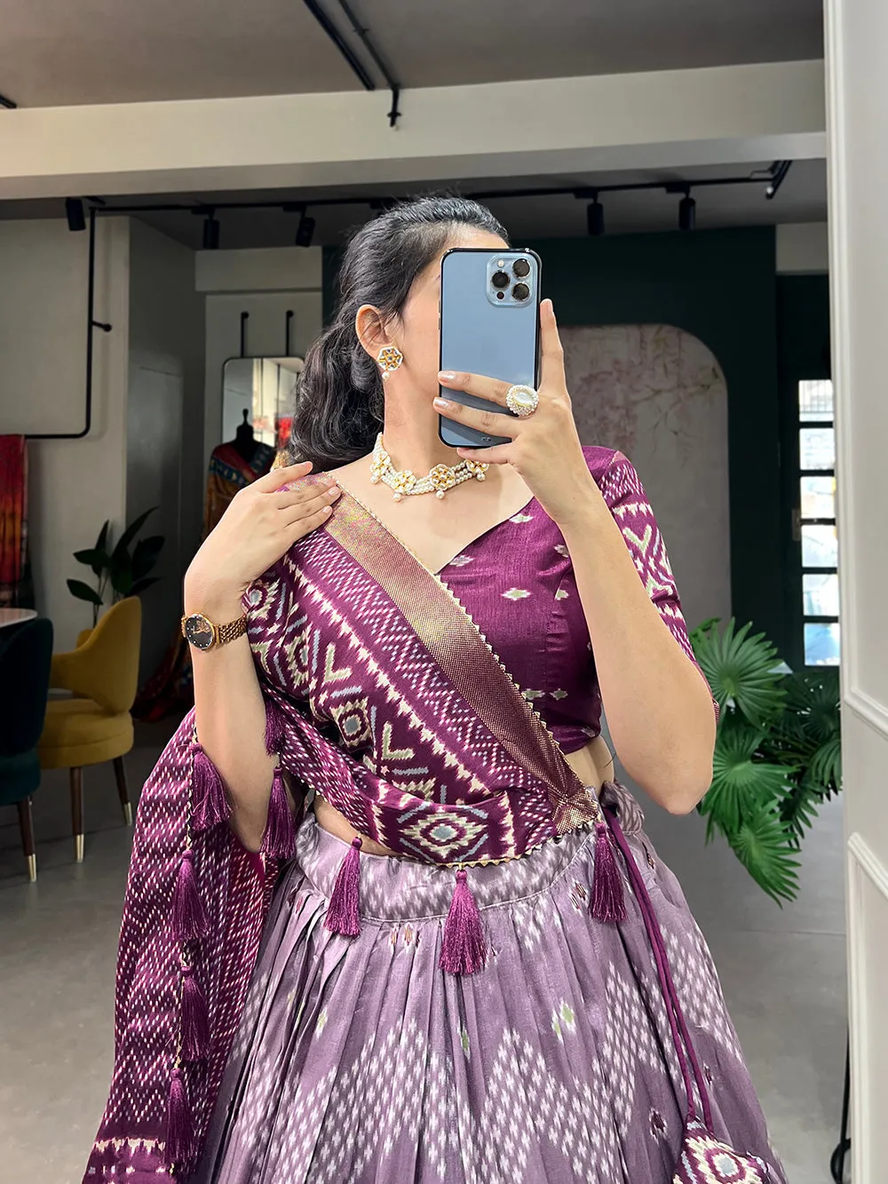 Wine Color Dot And Ikkat Print With Foil Work Tussar Silk Lehenga Choli