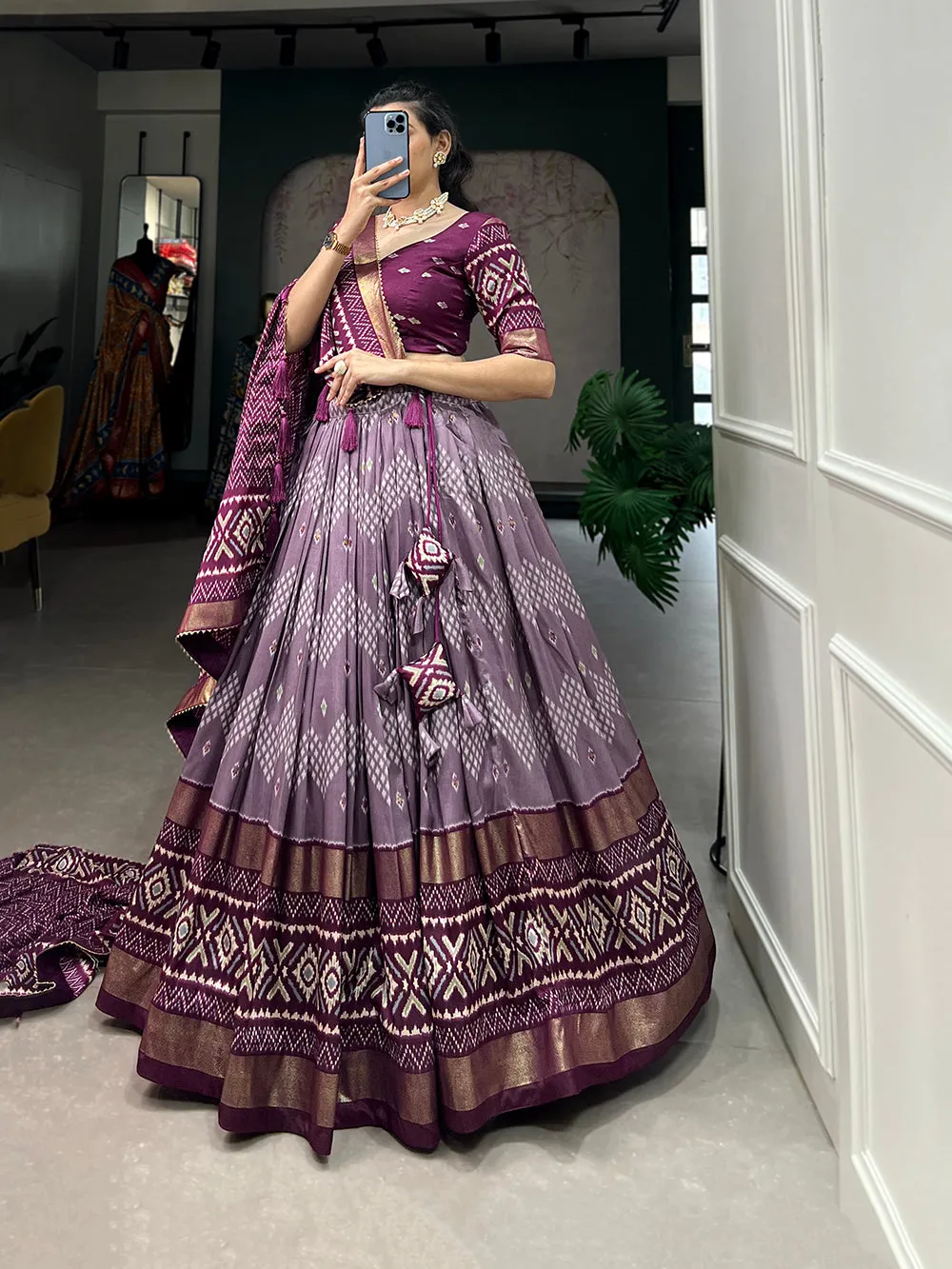 Wine Color Dot And Ikkat Print With Foil Work Tussar Silk Lehenga Choli