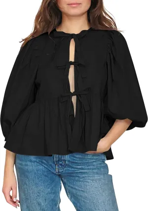 Women Cute Puff Sleeve Bow Tie Front Peplum Tops Ruffle Vacation Babydoll Blouse Shirts Summer Going Out Outfits