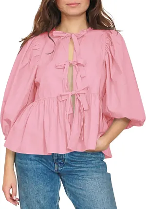 Women Cute Puff Sleeve Bow Tie Front Peplum Tops Ruffle Vacation Babydoll Blouse Shirts Summer Going Out Outfits