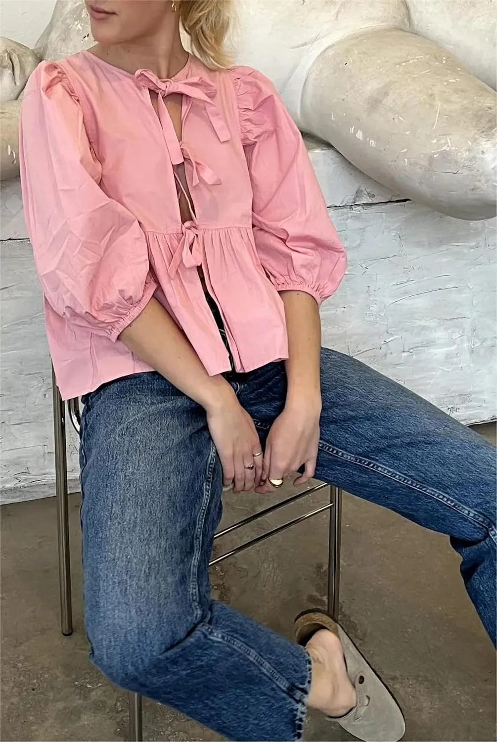 Women Cute Puff Sleeve Bow Tie Front Peplum Tops Ruffle Vacation Babydoll Blouse Shirts Summer Going Out Outfits