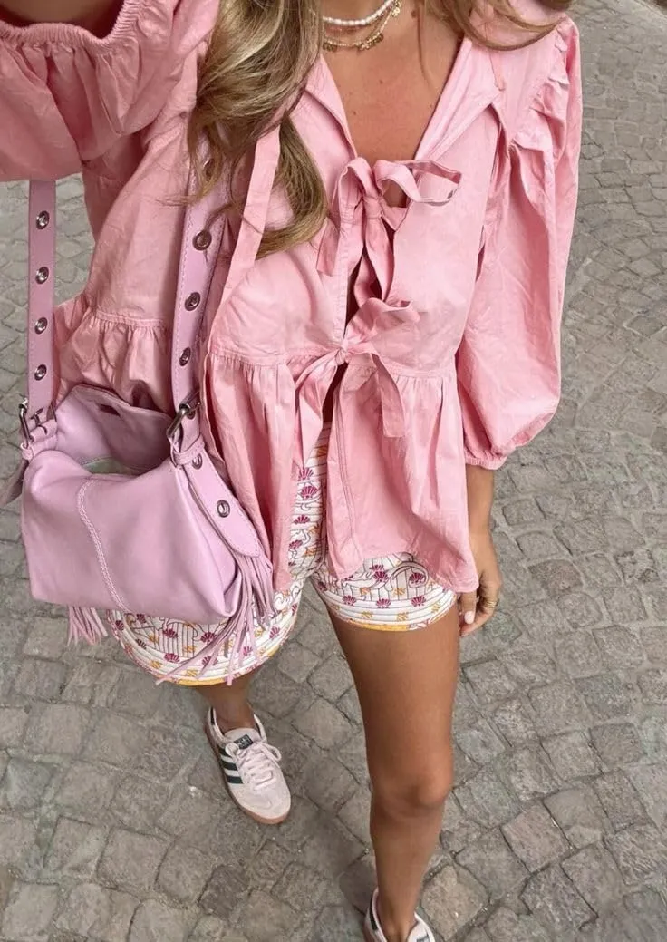 Women Cute Puff Sleeve Bow Tie Front Peplum Tops Ruffle Vacation Babydoll Blouse Shirts Summer Going Out Outfits