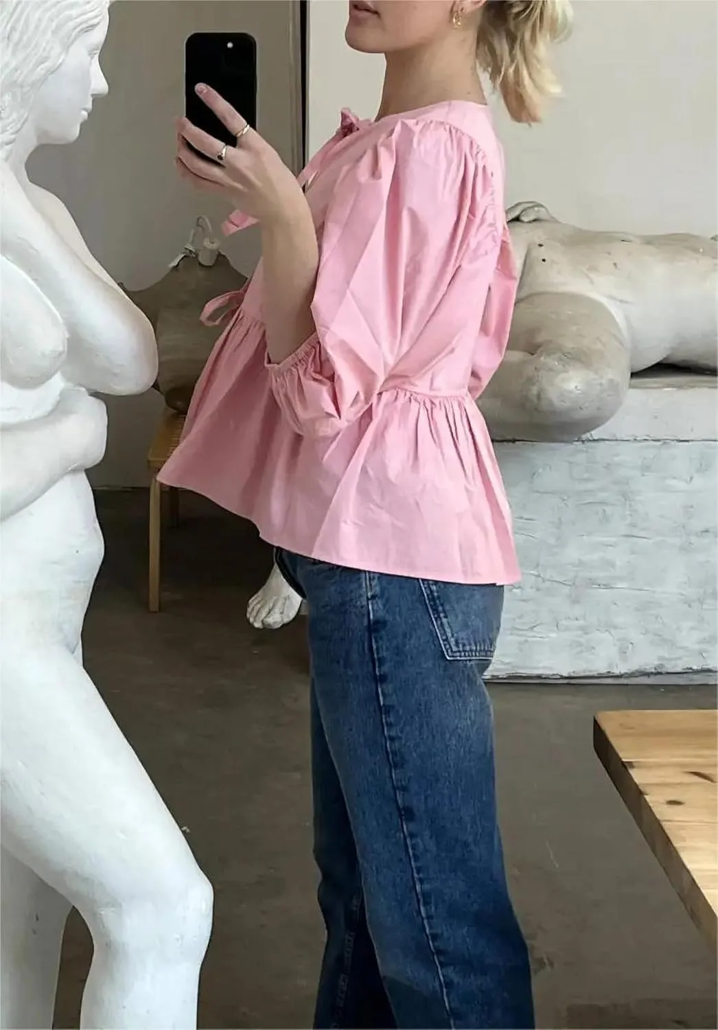 Women Cute Puff Sleeve Bow Tie Front Peplum Tops Ruffle Vacation Babydoll Blouse Shirts Summer Going Out Outfits