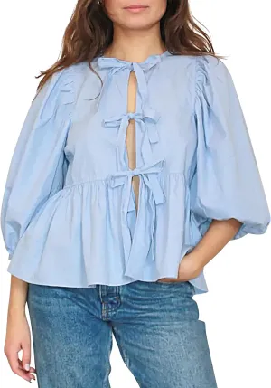 Women Cute Puff Sleeve Bow Tie Front Peplum Tops Ruffle Vacation Babydoll Blouse Shirts Summer Going Out Outfits