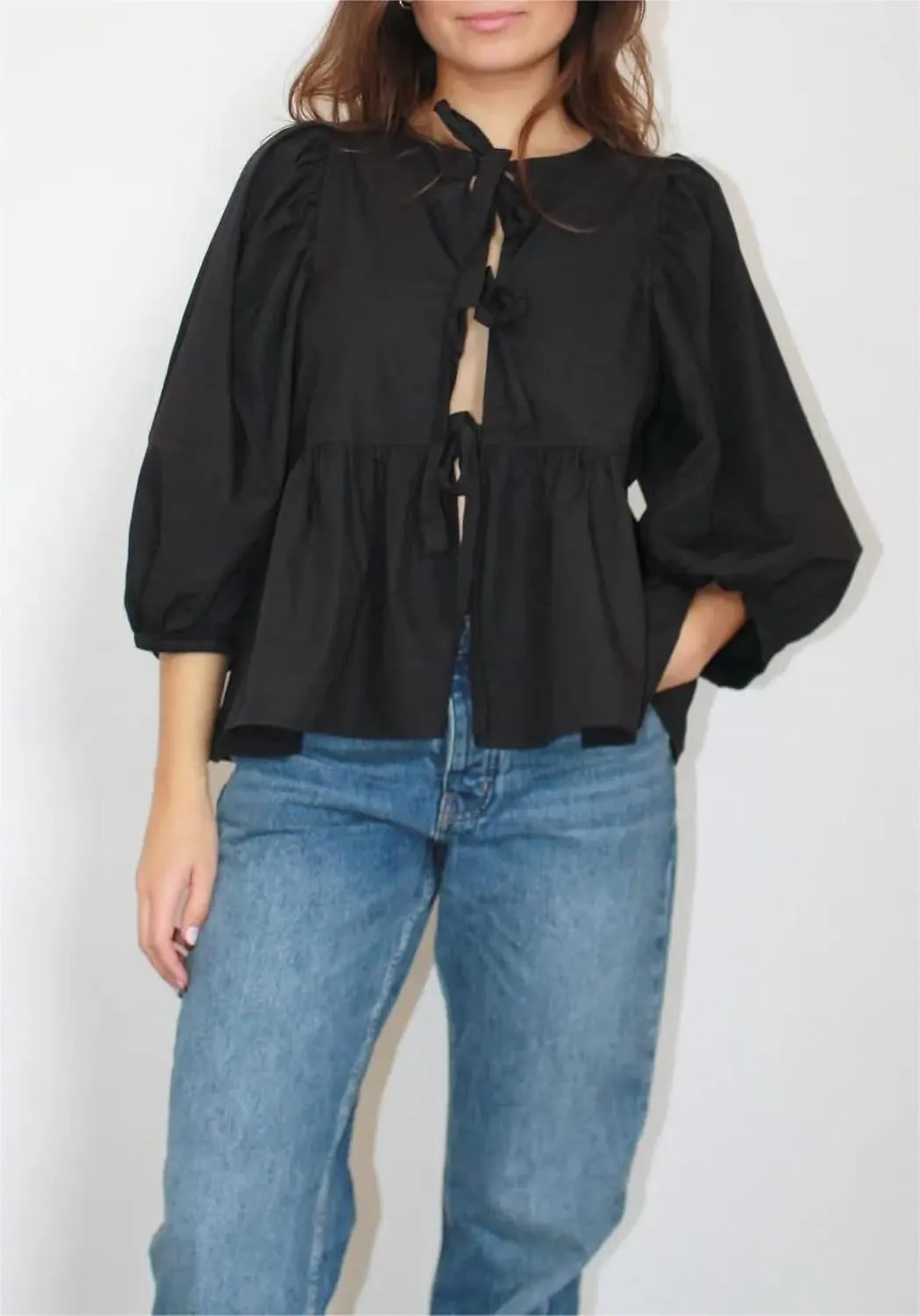 Women Cute Puff Sleeve Bow Tie Front Peplum Tops Ruffle Vacation Babydoll Blouse Shirts Summer Going Out Outfits