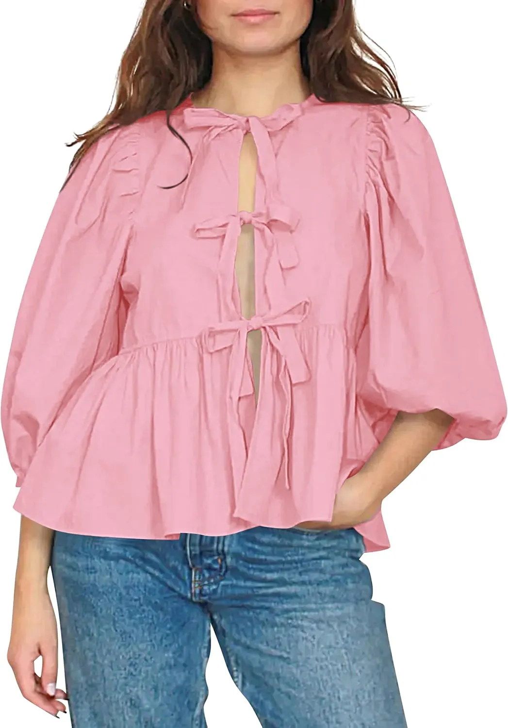Women Cute Puff Sleeve Bow Tie Front Peplum Tops Ruffle Vacation Babydoll Blouse Shirts Summer Going Out Outfits