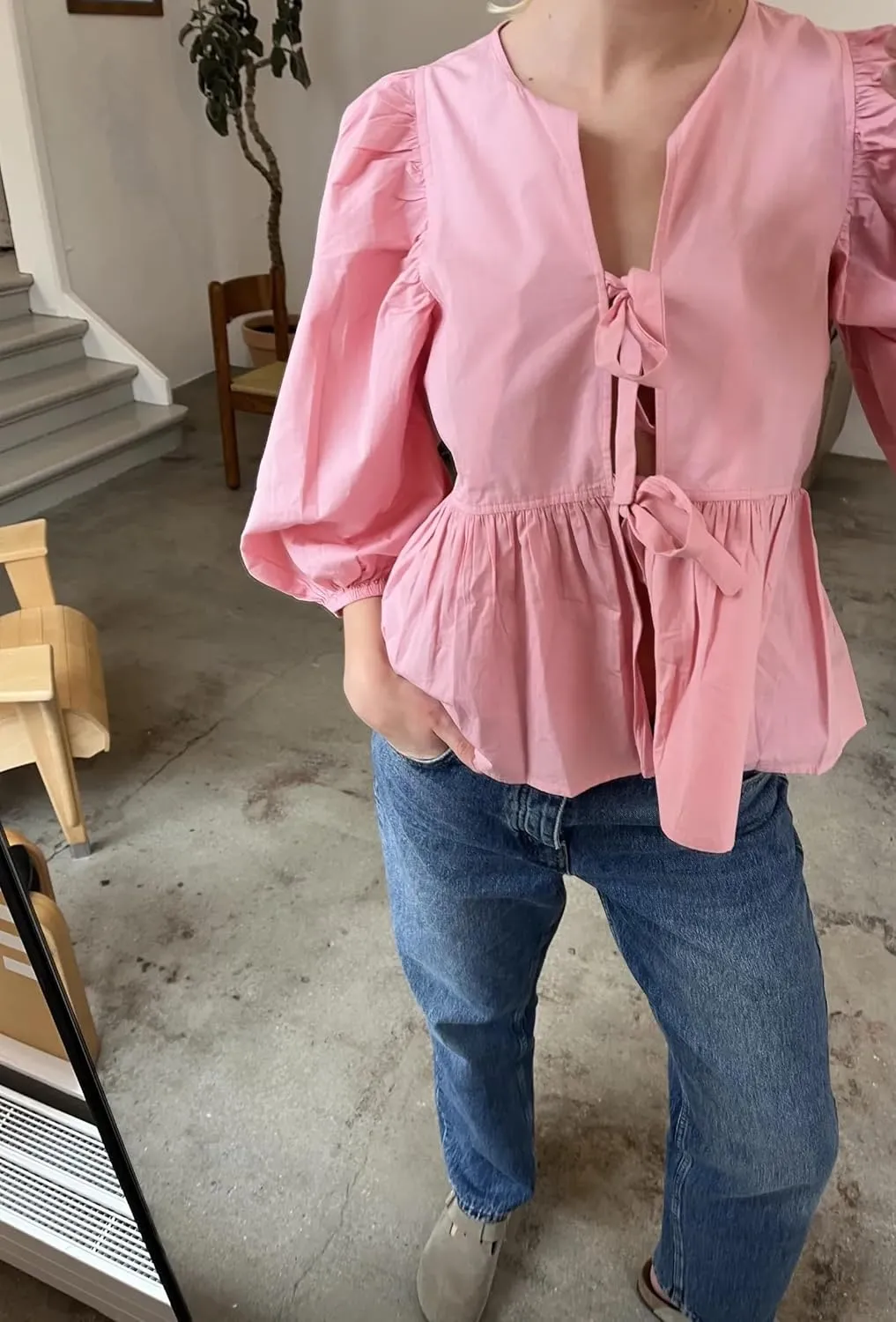 Women Cute Puff Sleeve Bow Tie Front Peplum Tops Ruffle Vacation Babydoll Blouse Shirts Summer Going Out Outfits
