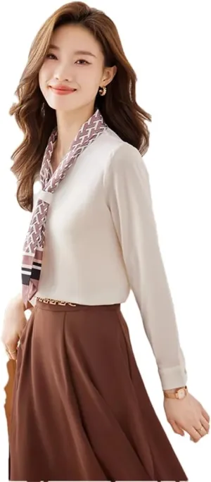 Women Ribbon Tie Shirt for V Neck Formal Satin Blouses Office Ladies Work Tops