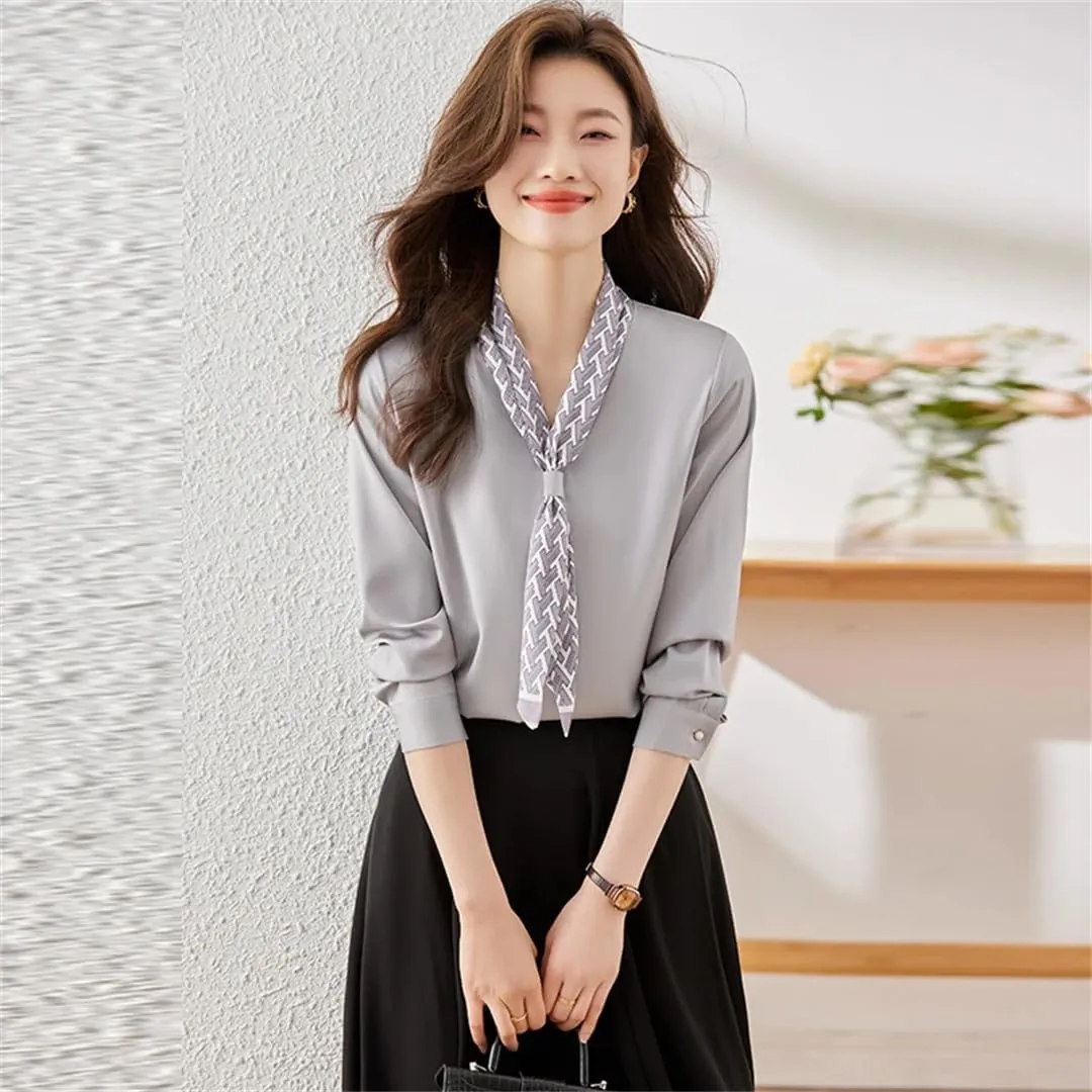 Women Ribbon Tie Shirt for V Neck Formal Satin Blouses Office Ladies Work Tops