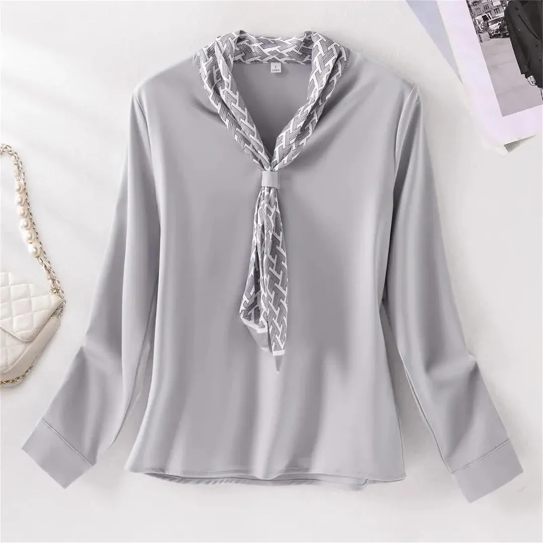 Women Ribbon Tie Shirt for V Neck Formal Satin Blouses Office Ladies Work Tops