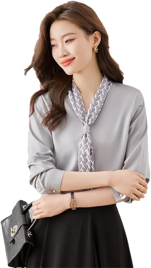 Women Ribbon Tie Shirt for V Neck Formal Satin Blouses Office Ladies Work Tops