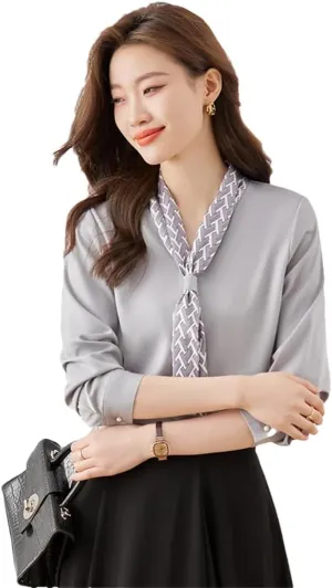 Women Ribbon Tie Shirt for V Neck Formal Satin Blouses Office Ladies Work Tops