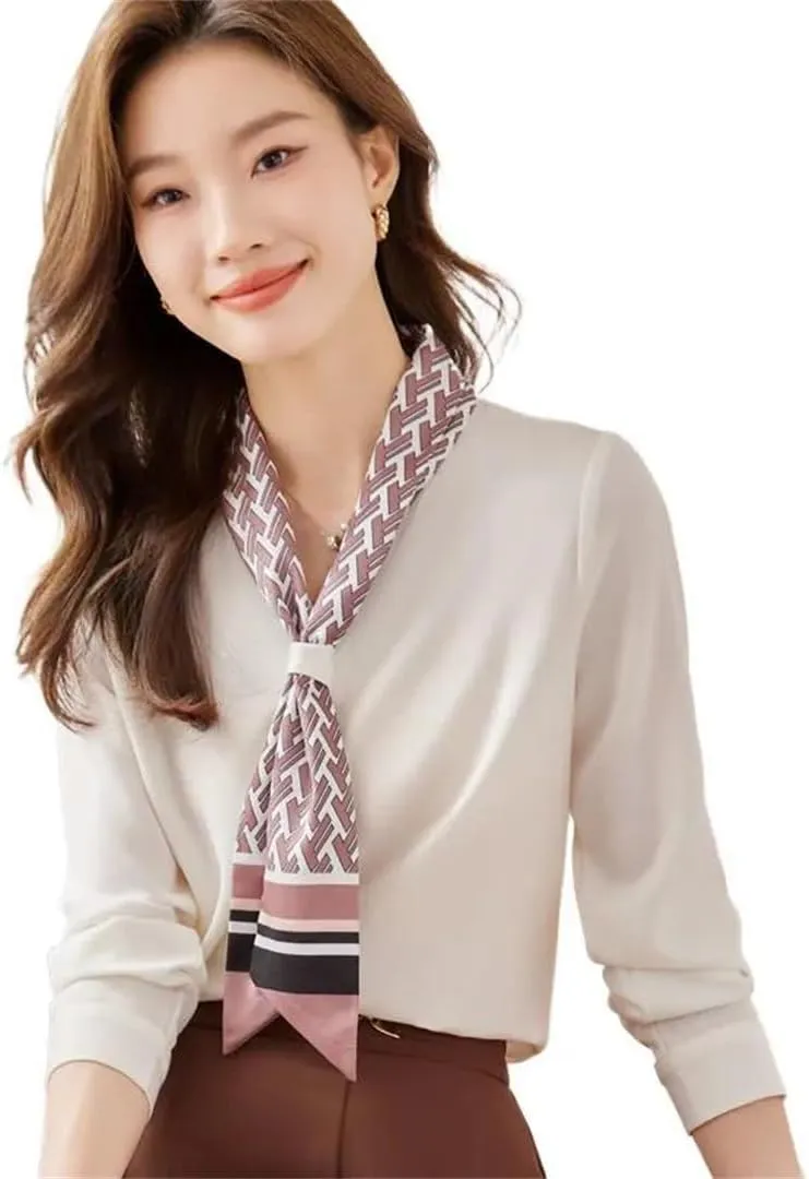 Women Ribbon Tie Shirt for V Neck Formal Satin Blouses Office Ladies Work Tops