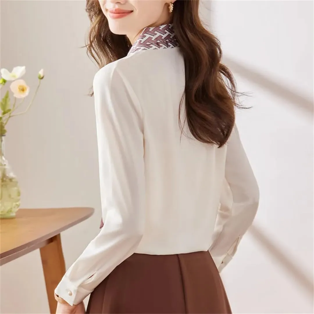 Women Ribbon Tie Shirt for V Neck Formal Satin Blouses Office Ladies Work Tops