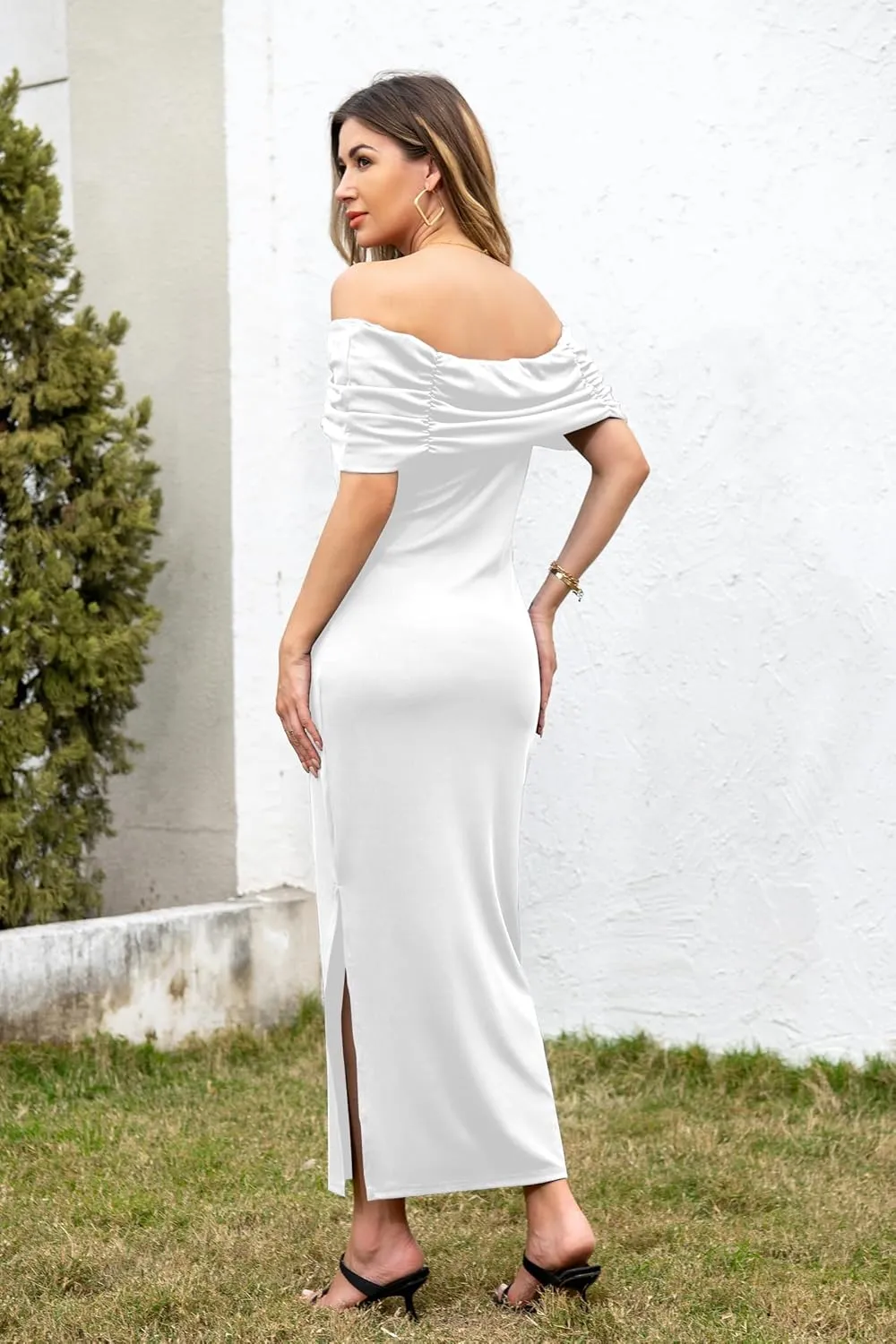 Women Sexy Bodycon Dress Off Shoulder Short Sleeve Elegant Ribbed Knit Midi Cocktail Dresses