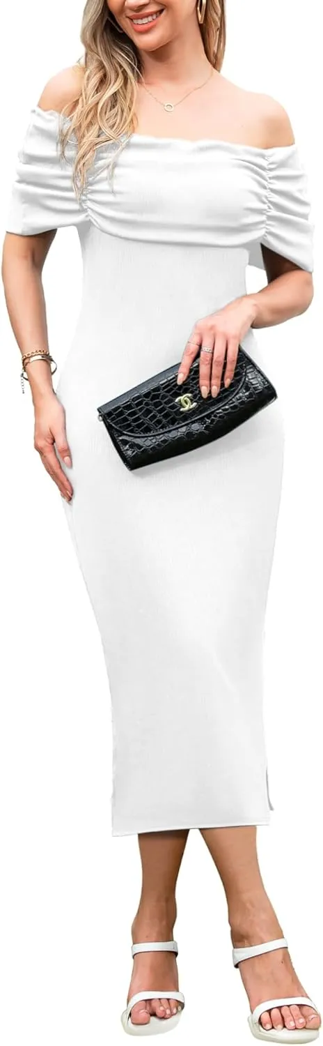 Women Sexy Bodycon Dress Off Shoulder Short Sleeve Elegant Ribbed Knit Midi Cocktail Dresses