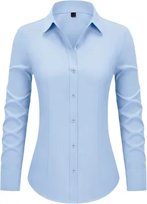 Women's Button Down Shirts Collared Fitted Dress Shirts Long Sleeve Wrinkle Free Blouse Formal Office Work Tunic Tops