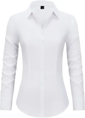Women's Button Down Shirts Collared Fitted Dress Shirts Long Sleeve Wrinkle Free Blouse Formal Office Work Tunic Tops