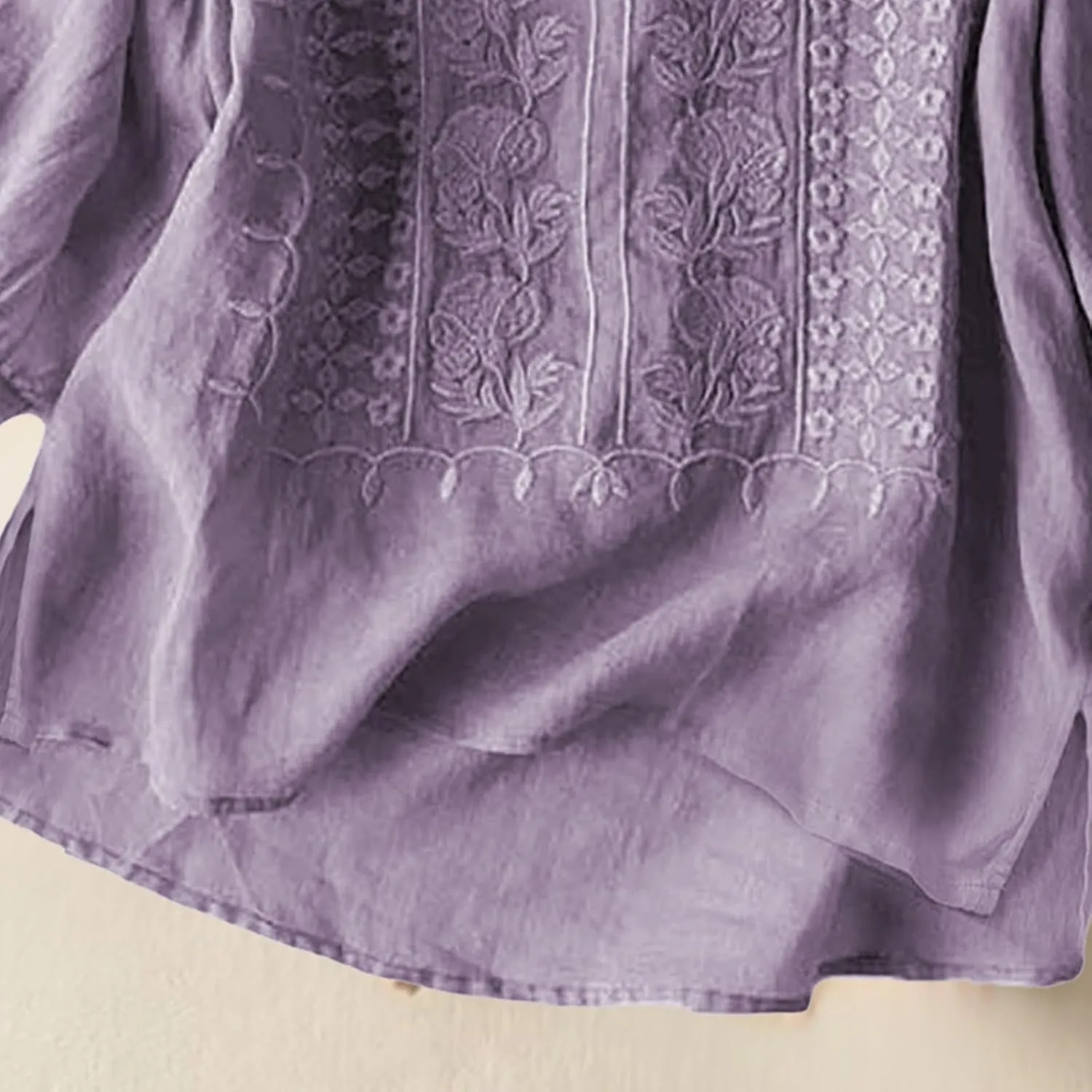 Womens Cotton 3/4 Sleeve Tops Slit Hem Retro Floral Embroidered Top Boho Dressy Casual Blouses Summer Clothing