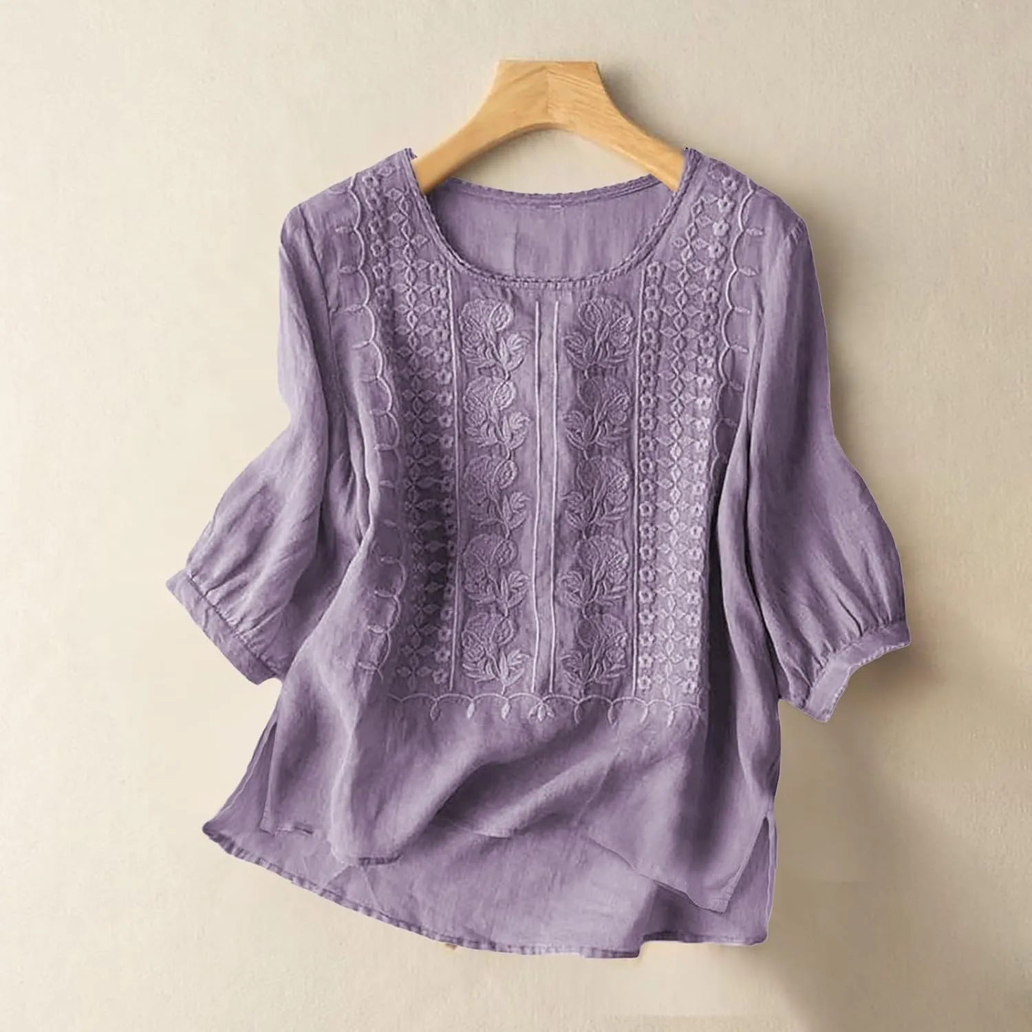 Womens Cotton 3/4 Sleeve Tops Slit Hem Retro Floral Embroidered Top Boho Dressy Casual Blouses Summer Clothing